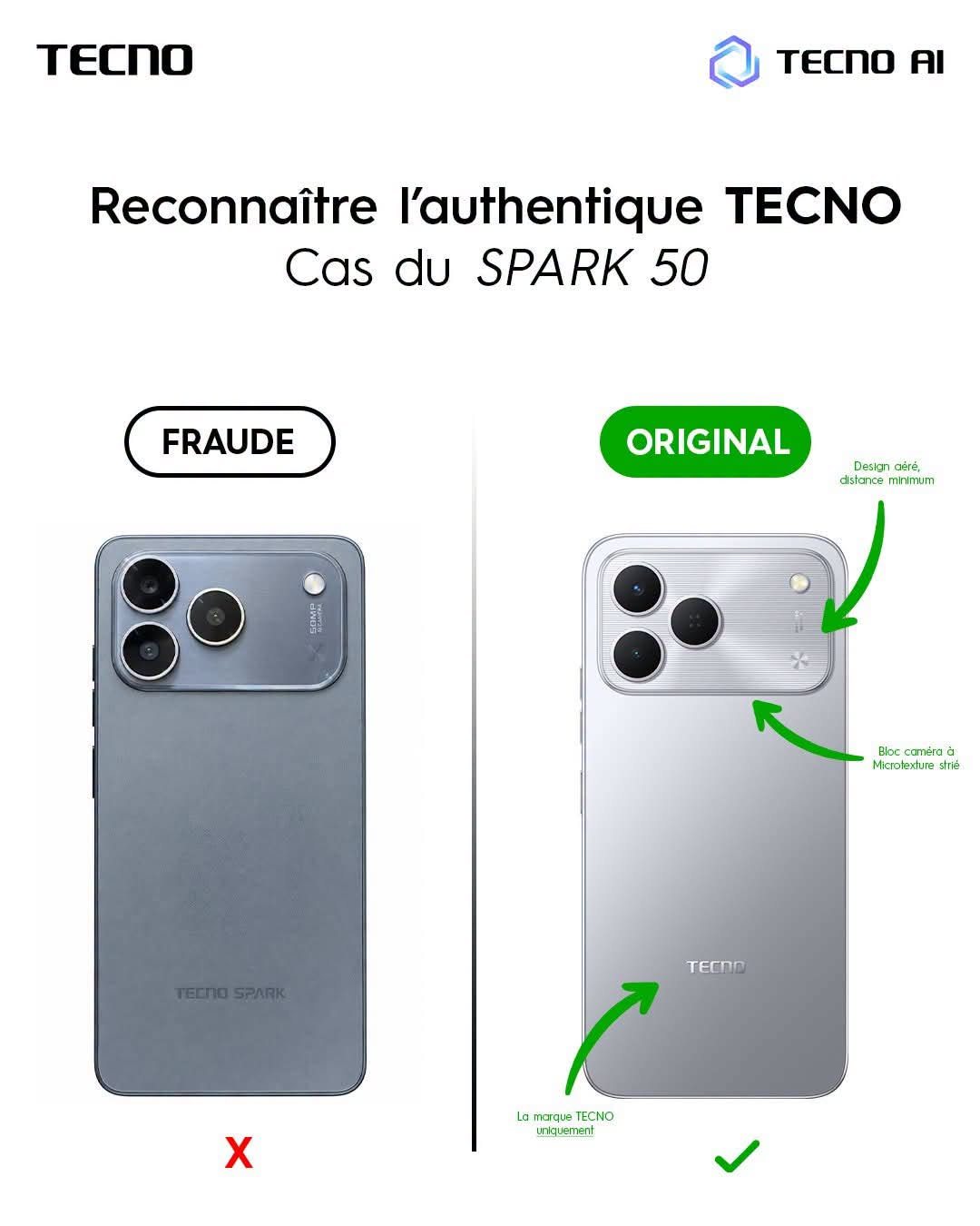 Tecno Spark 50 : fraude à gauche, original à droite